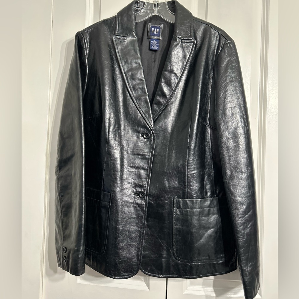 Vintage 90s Y2K GAP Genuine Leather Black Blazer Jacket Women's Size L